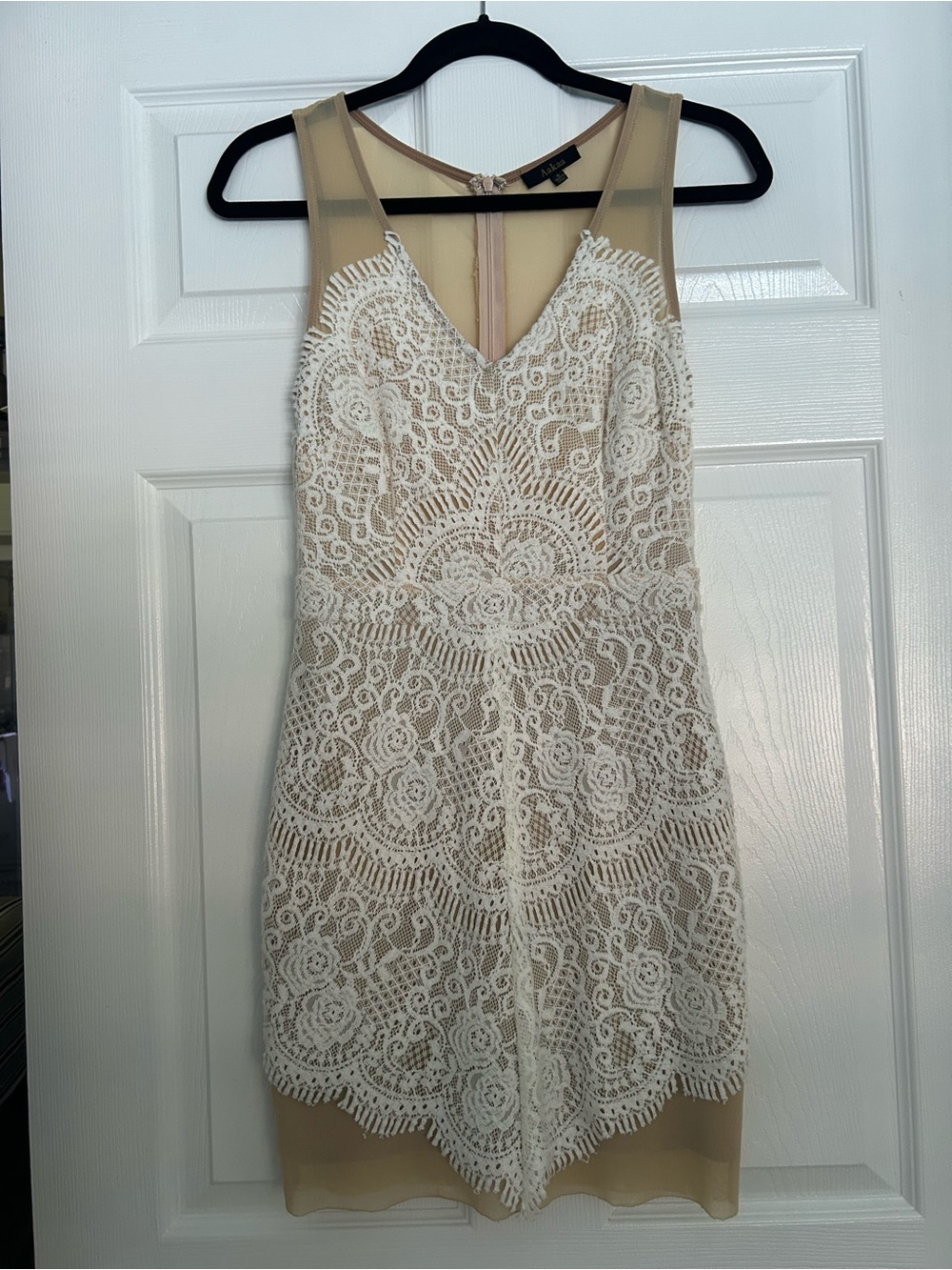 Aakaa White Lace Mini Dress with Nude Illusion Panels